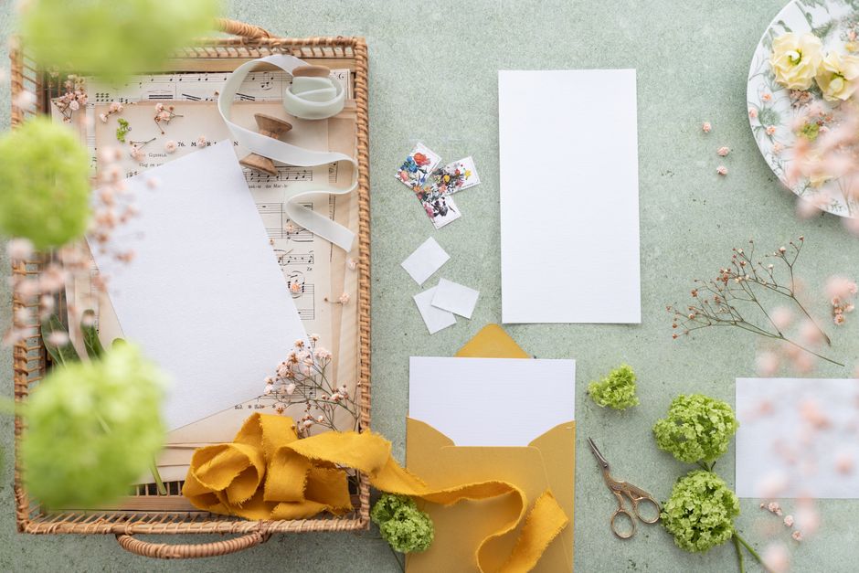 A flat lay of printed Amazon landing page wireframe templates on a wooden desk with colored markers.